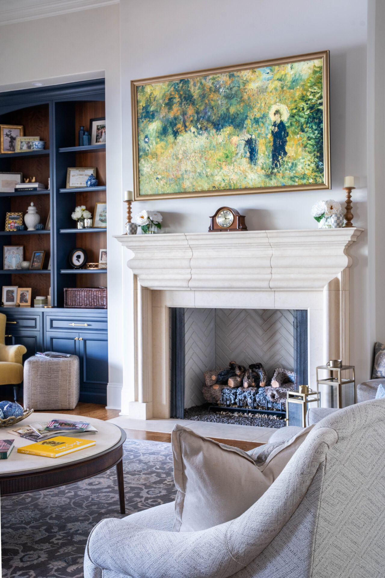 Living room with fireplace and custom built-ins in a Robert Long Construction custom home