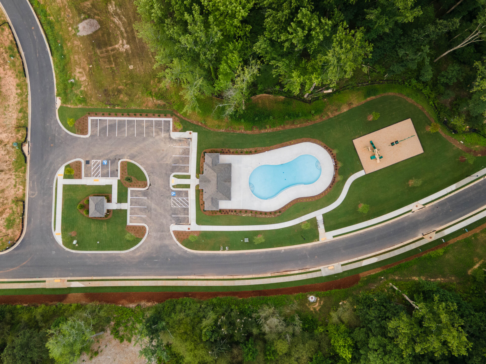 Aerial view of the pool and amenity area at Grandview on Lanier built by Robert Long Construction